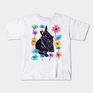 bunny rabbit cute  ebony blue colored coloured lionhead bunny rabbit among watercolor flowers Kids T-Shirt